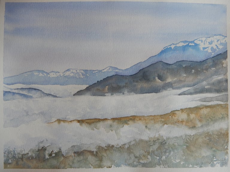 Mer de brouillard, aquarelle sur papier 100% coton, 30x40 cm, Sébastien Schoch