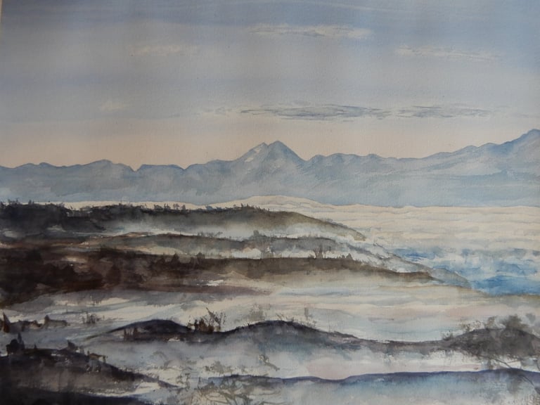 Mer de brouillard, aquarelle sur papier 100% coton, 30x40 cm, Sébastien Schoch