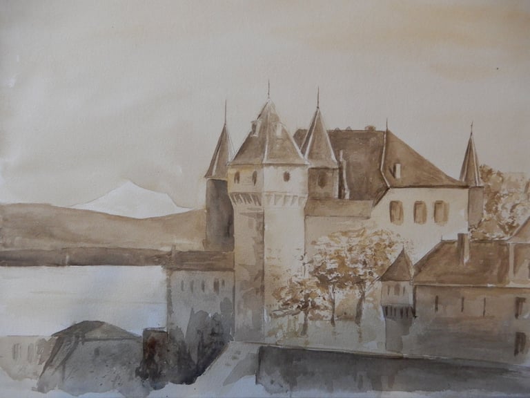 Château de Nyon, aquarelle sur papier 100% coton, 30x40 cm, Sébastien Schoch