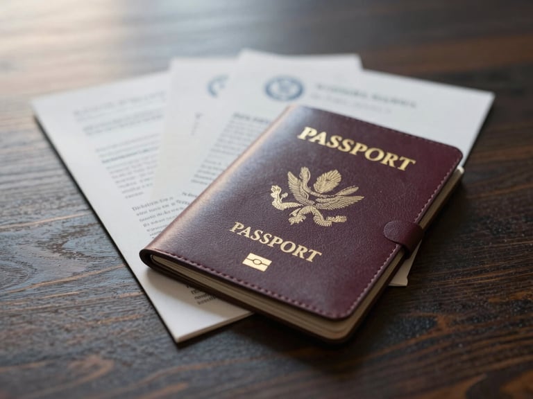 A close-up of a leather passport holder and elegant travel documents on a dark wooden table, soft natural light, 35mm.