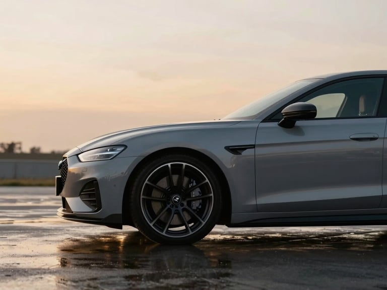 A sleek private car waiting on a wet tarmac at golden hour, soft reflection of light, shallow depth of field, editorial style.