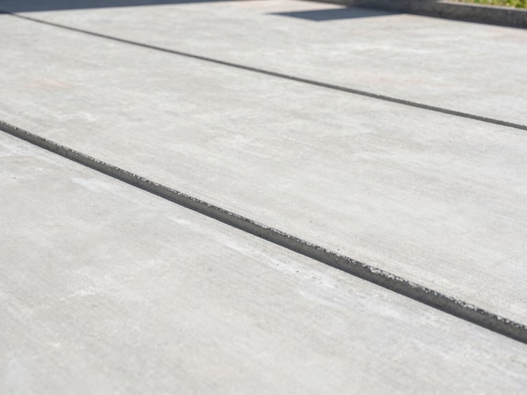 Low-angle architectural shot of a freshly poured reinforced concrete driveway with crisp clean edges and perfect joint cuts, bright morning sun highlighting the smooth texture, 35mm