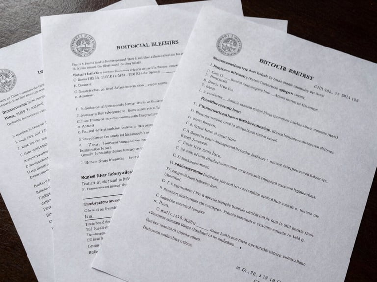 Overhead flat-lay of stamped court foreclosure documents spread across a dark desk, official county seal visible, case numbers legible, even institutional overhead lighting revealing paper texture