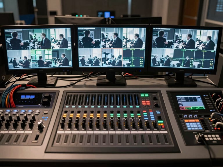 Close overhead view of a production control desk, three broadcast monitors glowing with live camera feeds mid-event, a vision mixer panel and encoder rack visible in the foreground, cables organised in neat looms, dim studio lighting with screen glow illuminating the equipment surfaces