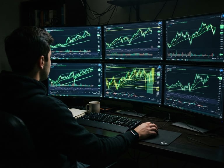Over-the-shoulder view of a dark trading desk, multiple monitors glowing with clean TradingView charts showing high-contrast green indicator lines, moody low-ambient light, 35mm lens