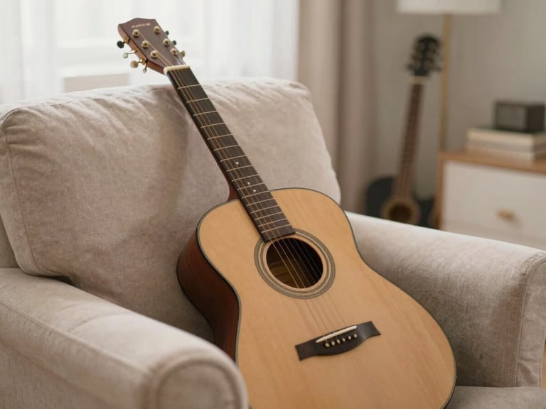 Cozy sensory-friendly music room with a guitar resting against a soft armchair, warm diffused daylight, shallow depth of field