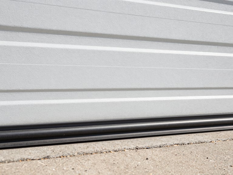Close-up of a new weather seal being installed along the bottom of a garage door, showing a tight fit.