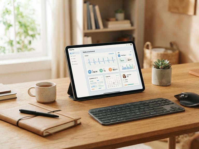 A clean, warm-toned organized workspace with a modern tablet showing a clean medical dashboard, soft natural office light, muted slate and sand tones, 35mm