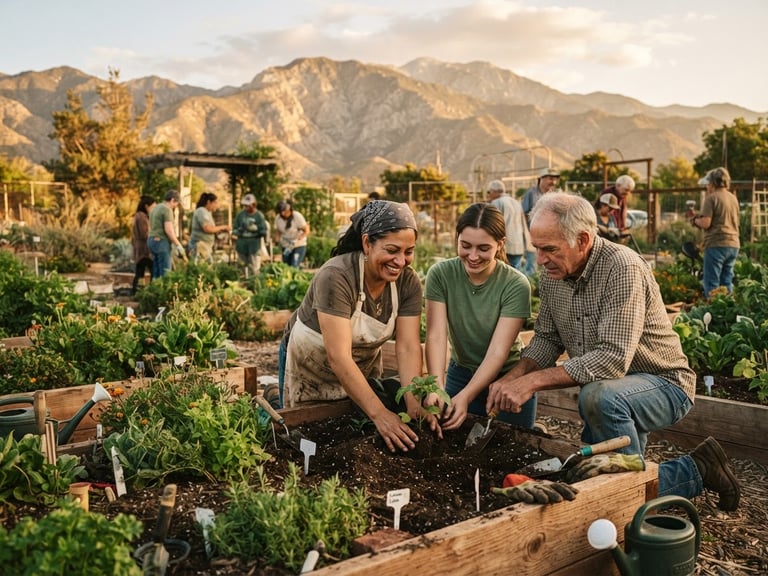 Warm editorial photography of a local community garden workshop in the San Gorgonio Pass, volunteers collaborating, golden-hour natural light