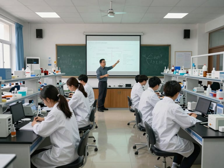 Wide environmental shot inside an active teaching laboratory, a lecturer standing between two rows of lab benches gesturing toward a projected diagram on the wall, students in lab coats working in pairs at benches with apparatus, north-light from high windows, the scene captures instruction in progress not solo research
