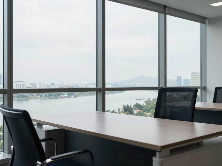 Bright natural overcast daylight, minimalist modern office desk in Da Nang with a view of the Han River through clean glass windows, professional setting