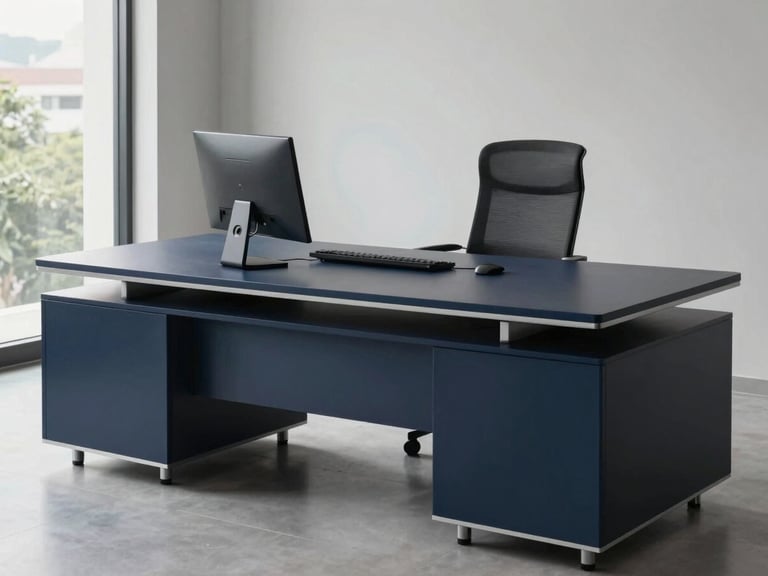 Sober editorial photography of a modern executive desk in Da Nang, soft natural daylight, deep navy and muted grey tones, clean composition, 35mm lens, realistic B2B context.