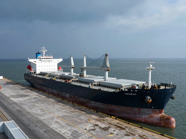 Wide-angle aerial perspective of a dry-bulk carrier loading cargo at a clean commercial port terminal, low-sun angle, deep steel grays