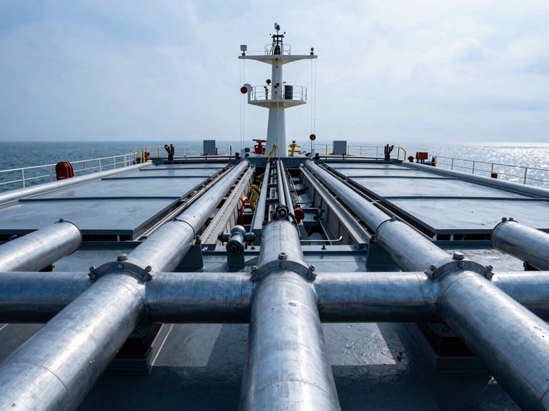 Close-up macro shot of industrial vessel rigging and steel manifold piping on a modern crude oil tanker, high-contrast overcast daylight, cold steel blues
