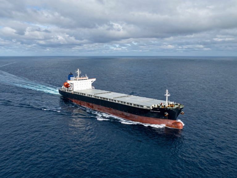 Wide-angle aerial view of a massive commercial tanker vessel cutting through deep blue ocean water under overcast maritime skies, dramatic lighting.