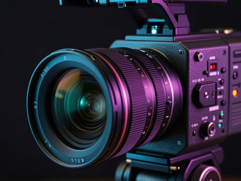 Extreme close-up of professional broadcast camera lens and control panel in a dark studio environment, cyan and magenta LED accent lights reflecting off the metallic housing, precise geometric framing, high-contrast studio lighting showing hardware detail, no people