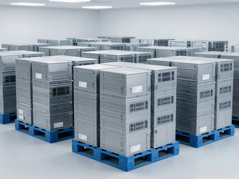 Wide environmental shot of organized pallets of enterprise hardware in a clean, bright, cool-toned logistics hub