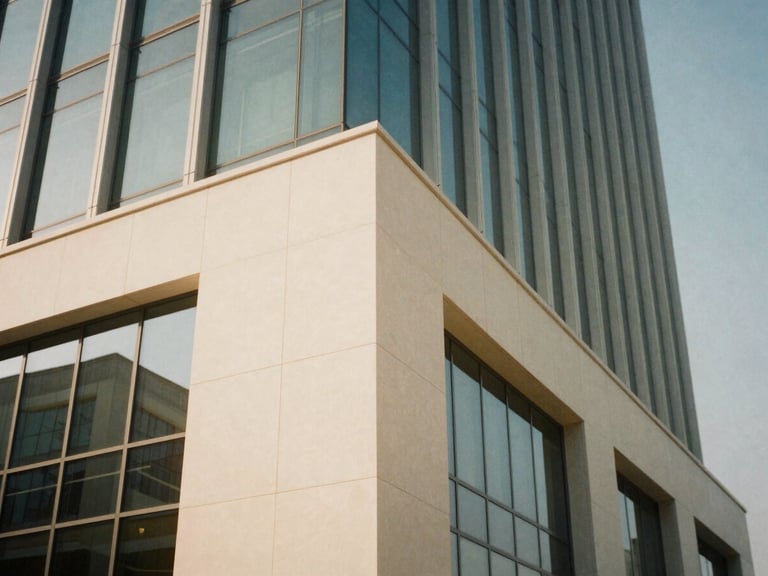 A clean, modern architectural detail of a high-tech Dubai office building, sharp angles, warm desert daylight casting long shadows, 35mm photography