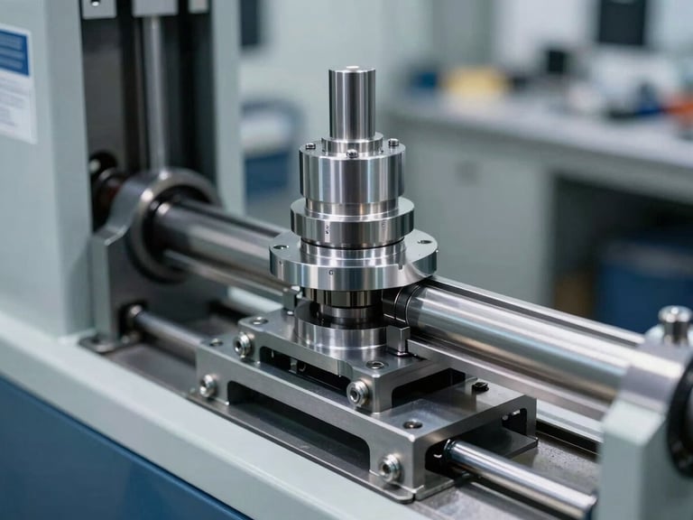 Close-up of the custom-built Mag Wheel Aligning Machine in a clean workshop, highlighting its robust steel construction and precision components, sharp industrial photography, cool metallic tones.