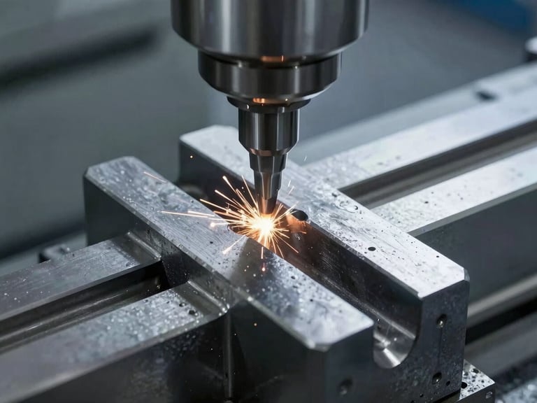 Macro shot of a milling machine cutting a keyway into a steel block, sparks visible, high-contrast workshop daylight, cool tones.