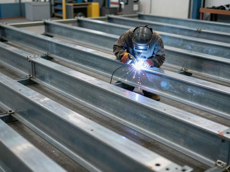 Wide environmental shot of a clean workshop bay, a welder working on a large steel frame, bright arc light, cool-toned workshop daylight.