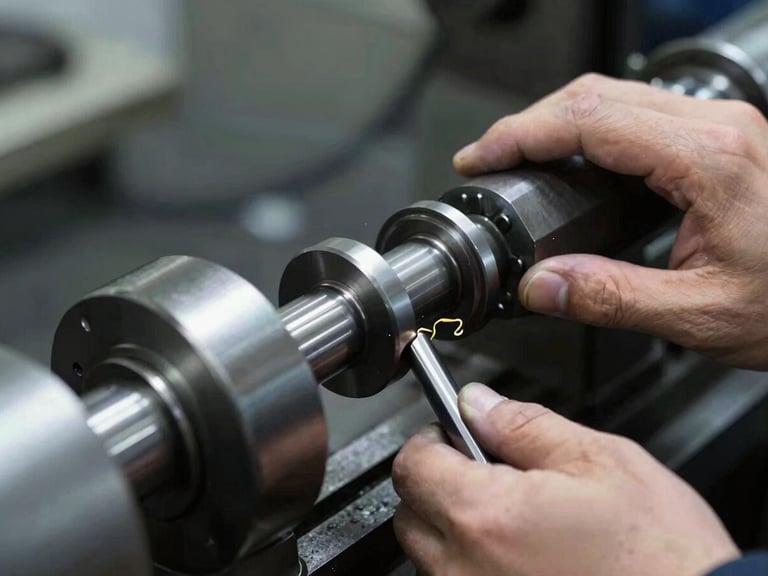 Close-up of a machinist's hands operating a conventional engine lathe, metal shavings curling off a steel workpiece, high-contrast industrial lighting, cool metallic tones.