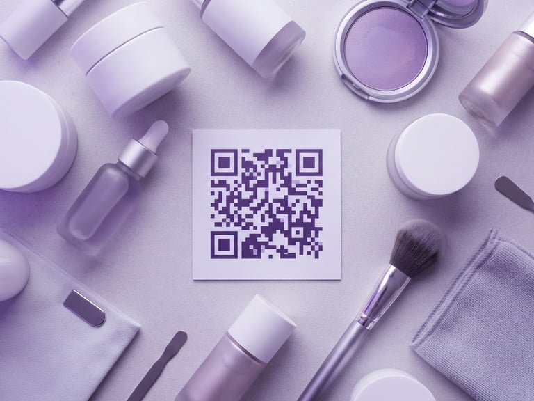 Overhead flat-lay of modern cosmetic packaging featuring a custom purple QR code, crisp studio lighting, 50mm focus
