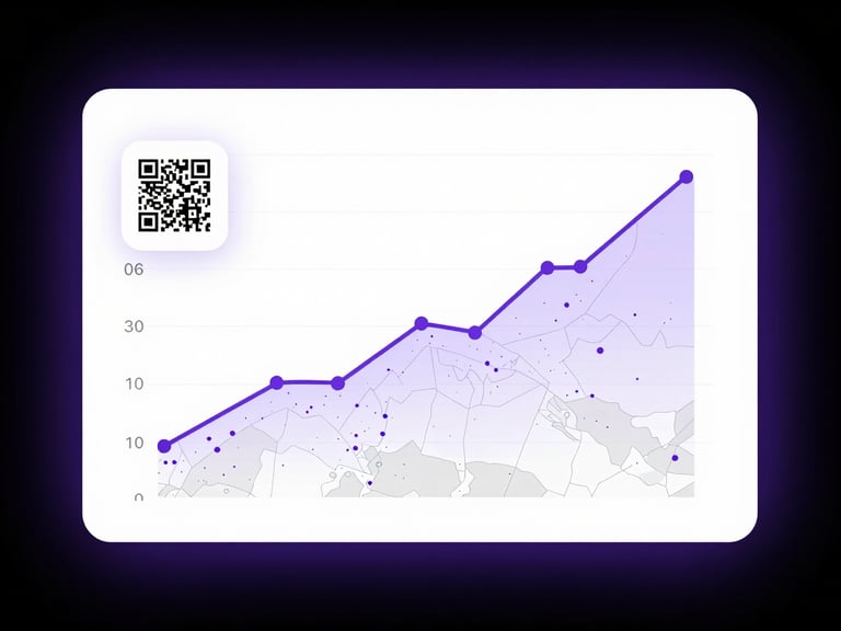 Sleek UI mockup of a clean analytics chart showing a rising trend line of QR code scans, geographic map overlay with purple data points, crisp tech aesthetic, bright studio lighting, sharp focus