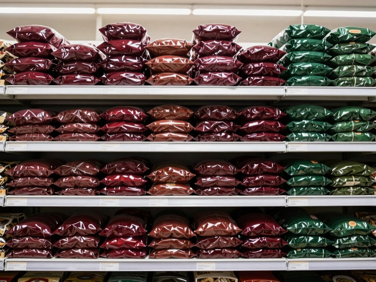 Straight-on eye-level commercial photography of neatly aligned grocery shelves stacked with bulk dry goods, bright even store lighting, rich crimson and forest green tones, sharp focus, 35mm lens