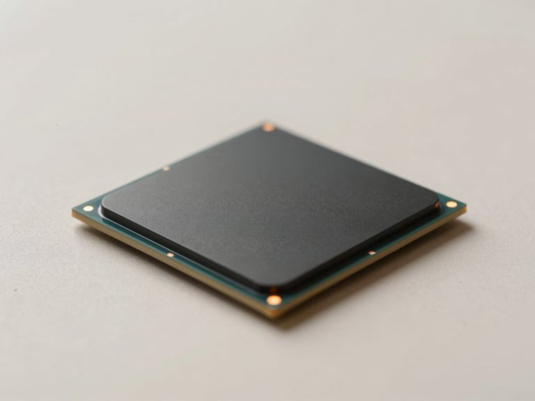 A high-end clean computer processor on a matte black circuit board, minimalist layout, soft warm orange accent light, macro shot