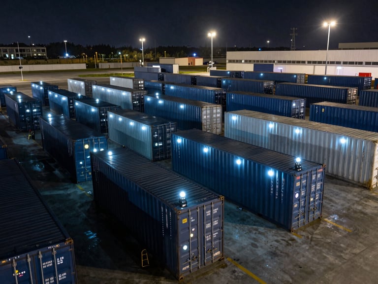 Wide environmental shot of an automated logistics hub at night, shipping containers equipped with glowing IoT sensors, cool cybernetic lighting, no people.