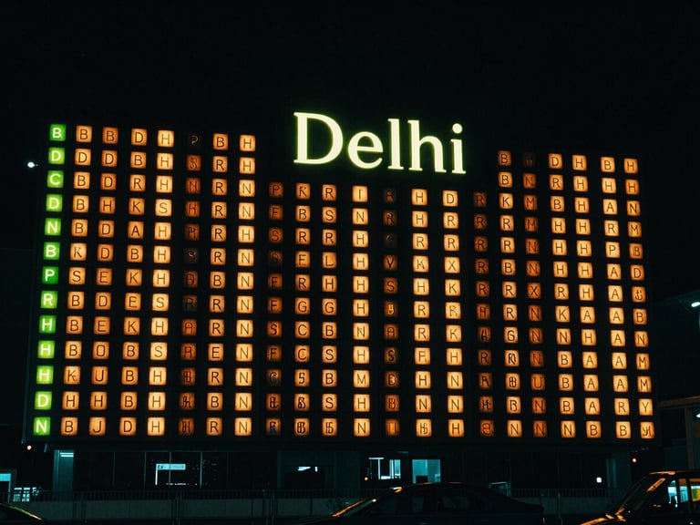 High-contrast night-time photography of a massive airport lightbox in Delhi terminal, premium luxury brand creative, moody atmosphere
