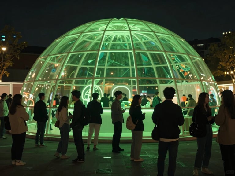 Cinematic night shot of an immersive outdoor brand activation dome with glowing neon green lights, crowds interacting, moody atmosphere