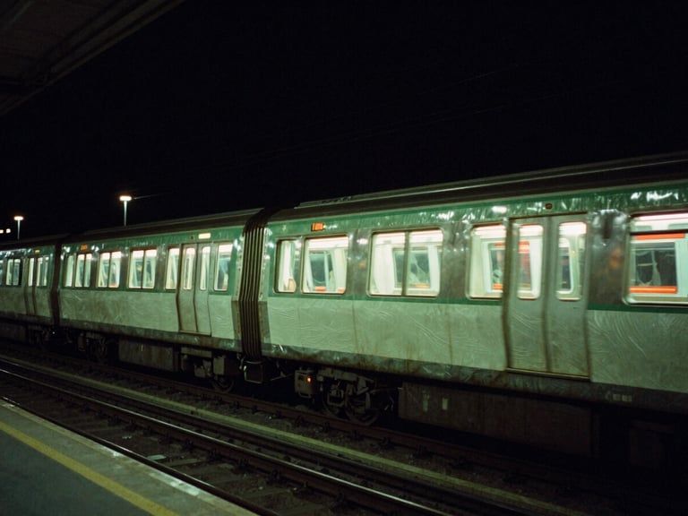 Cinematic night-time wide shot of a glowing wrapped metro train at an elevated station, neon lime lighting, 35mm film grain