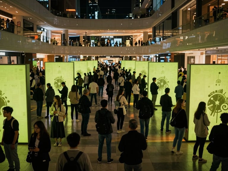Cinematic wide-angle shot of an experiential digital installation in a high-traffic luxury mall, crowds watching, neon lime lighting