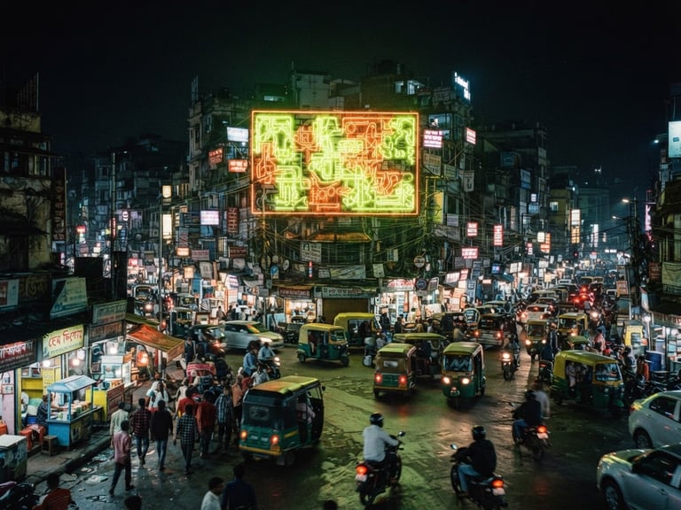 Wide-angle cinematic night photography of a glowing neon-lit billboard in a bustling Indian metropolitan intersection, moody urban atmosphere, 35mm film grain