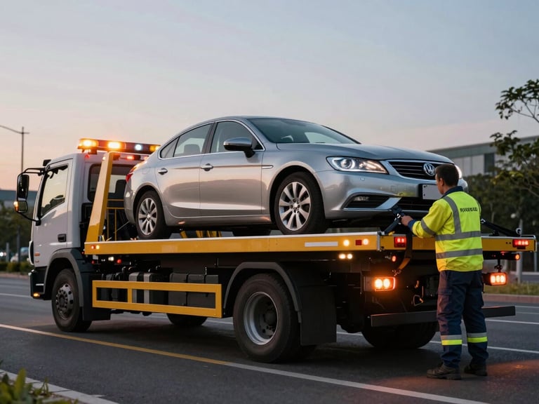 Dynamic low-angle shot of a modern flatbed tow truck at dusk, emergency amber lights flashing, parked on an urban roadside with a clean sedan securely loaded, professional operator in high-visibility uniform adjusting the wheel straps, dramatic lighting.