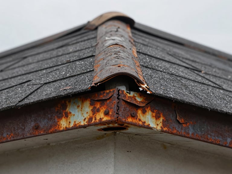 Close-up before shot of a damaged roof valley with rusted flashing, cracked sealant, and lifted shingles, overcast daylight, damage clearly visible