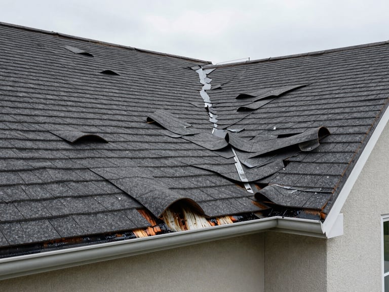 Wide ground-level shot of a deteriorated residential roof with curling, missing shingles and visible water staining along the eaves, overcast daylight showing full extent of damage
