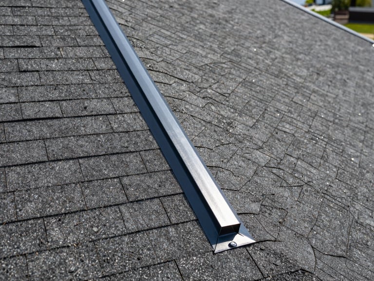 Close-up after shot of the same roof valley with new sealed valley flashing, matched shingles relaid tight, crisp sealant lines, bright natural daylight showing clean finish