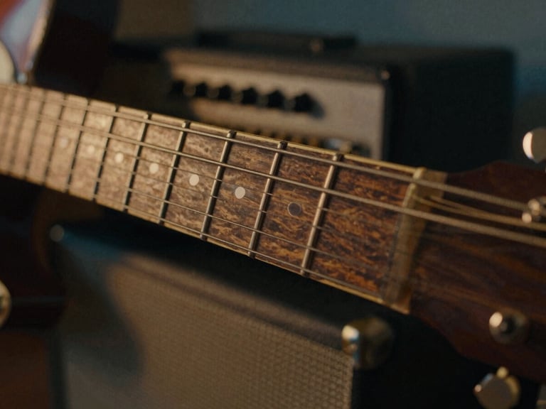 Extreme macro close-up of a worn vintage guitar fretboard, warm glowing vacuum tube amplifier in the background, low light studio atmosphere
