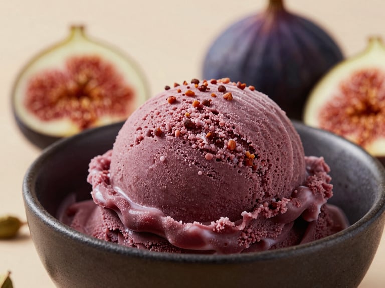 A rich, velvety scoop of spiced fig ice cream nestled in a dark ceramic bowl, warm side lighting, raw figs and cardamom pods in the soft-focus background
