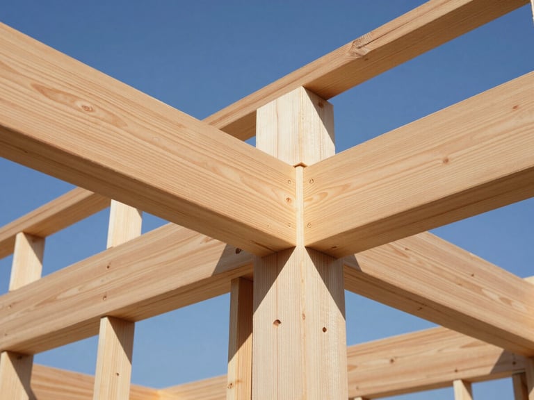 Close-up of complex custom timber joinery in a structural frame, showing precise cuts and connections, sharp geometric shadows, raw wood texture, bright direct sunlight.