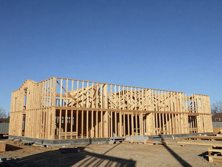 Wide-angle shot of a new residential timber frame under construction against a clear blue sky, sharp geometric shadows, bright direct sunlight, organized job site.