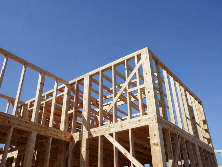 Low-angle shot looking up through a multi-story commercial wood frame, showing exposed rafters and structural beams, crisp architectural photography, blue sky, bright sunlight.