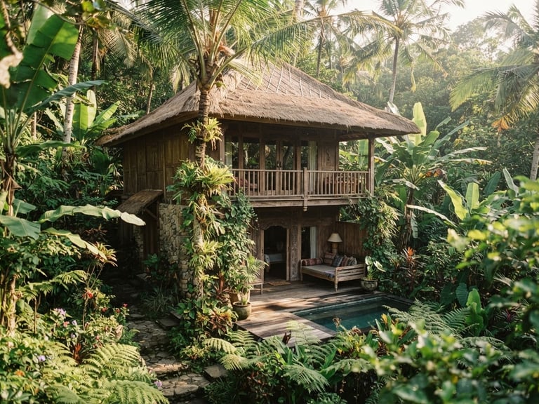 Wide shot of Kukila Stay's wooden villa nestled in dense tropical greenery, warm morning sunlight, soft shadows, organic earth tones, vertical framing.