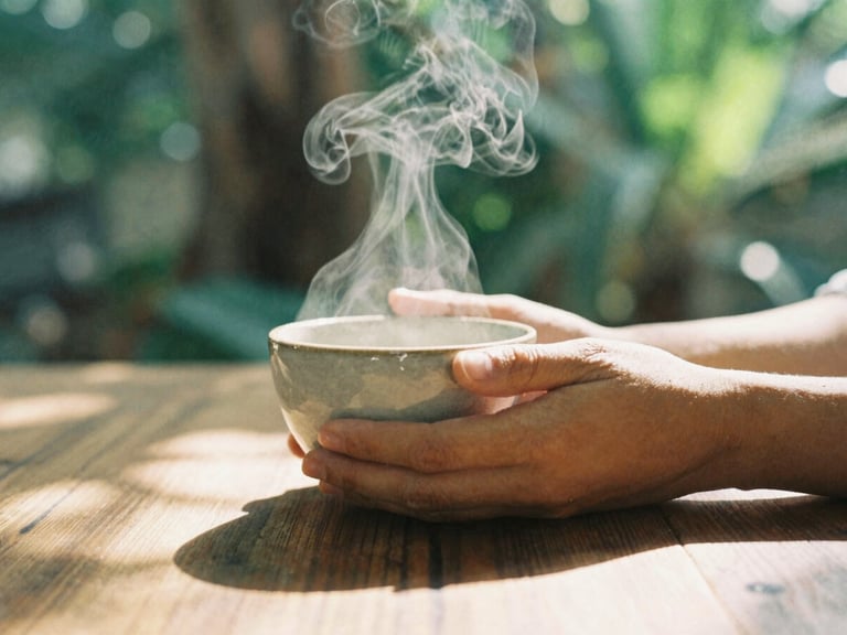 Close-up of hands holding a ceramic coffee cup on a wooden table, steam rising, dappled sunlight, tropical foliage in soft focus background.