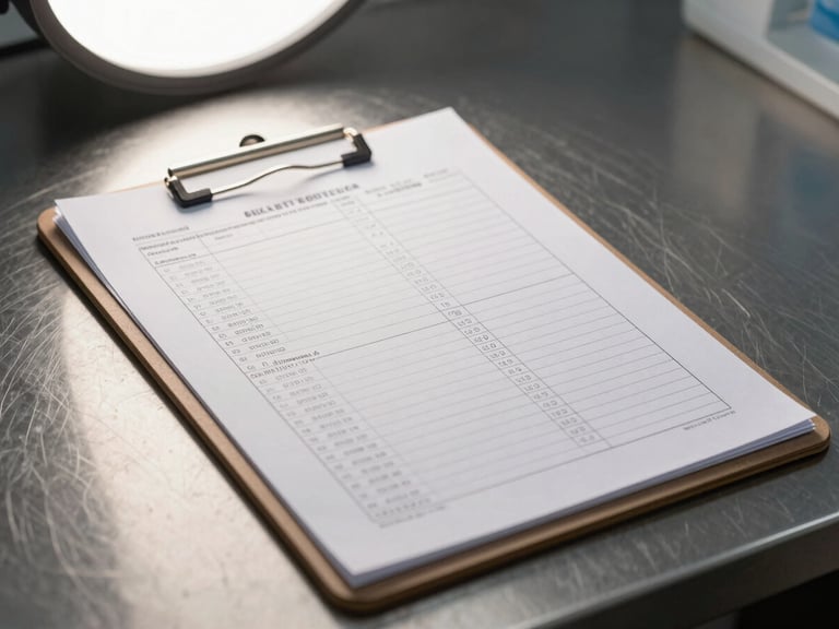 Close-up of a formulation batch record worksheet on a clipboard, handwritten lot numbers and test values visible, stainless steel table surface beneath, neutral studio strobe lighting from above, sharp focus on document detail