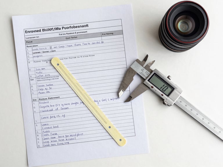 Overhead flat-lay of formulation worksheets with handwritten technical notes, enzyme performance test strips, and a digital caliper on a clean white surface under neutral studio light, precise documentation aesthetic
