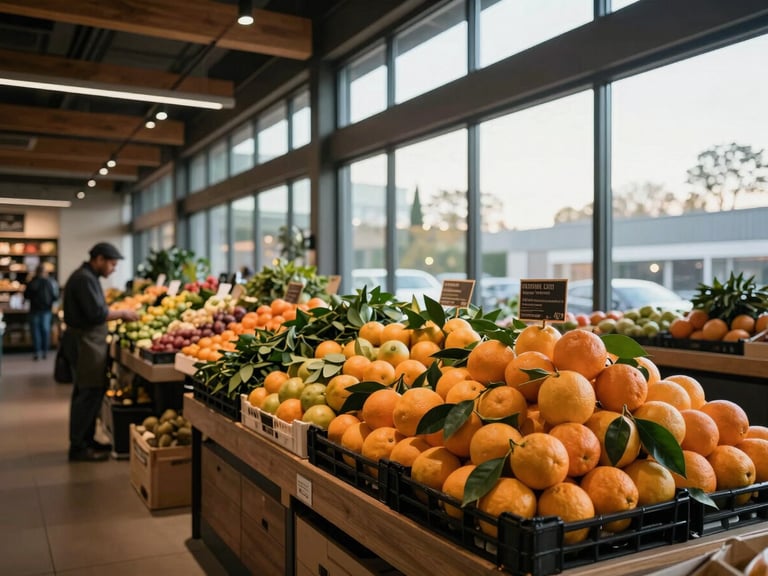 Environmental wide shot of a modern food market interior during quiet morning hours, natural light pouring through tall windows onto a produce stall with stacked citrus and dark green leaves, a vendor arranging items in the far left, wooden beams above